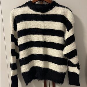 a new day Fuzzy Black and White Striped Sweater